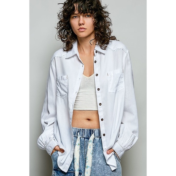 POL Tops - POL Washed Textured Cotton Western Button Front Shirt - Off White - Small
